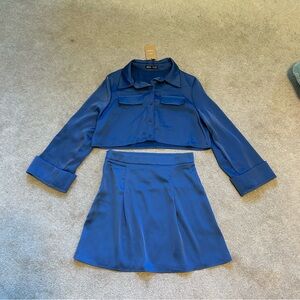 Shein Blue Satin Two-Piece Set Blouse and Skirt